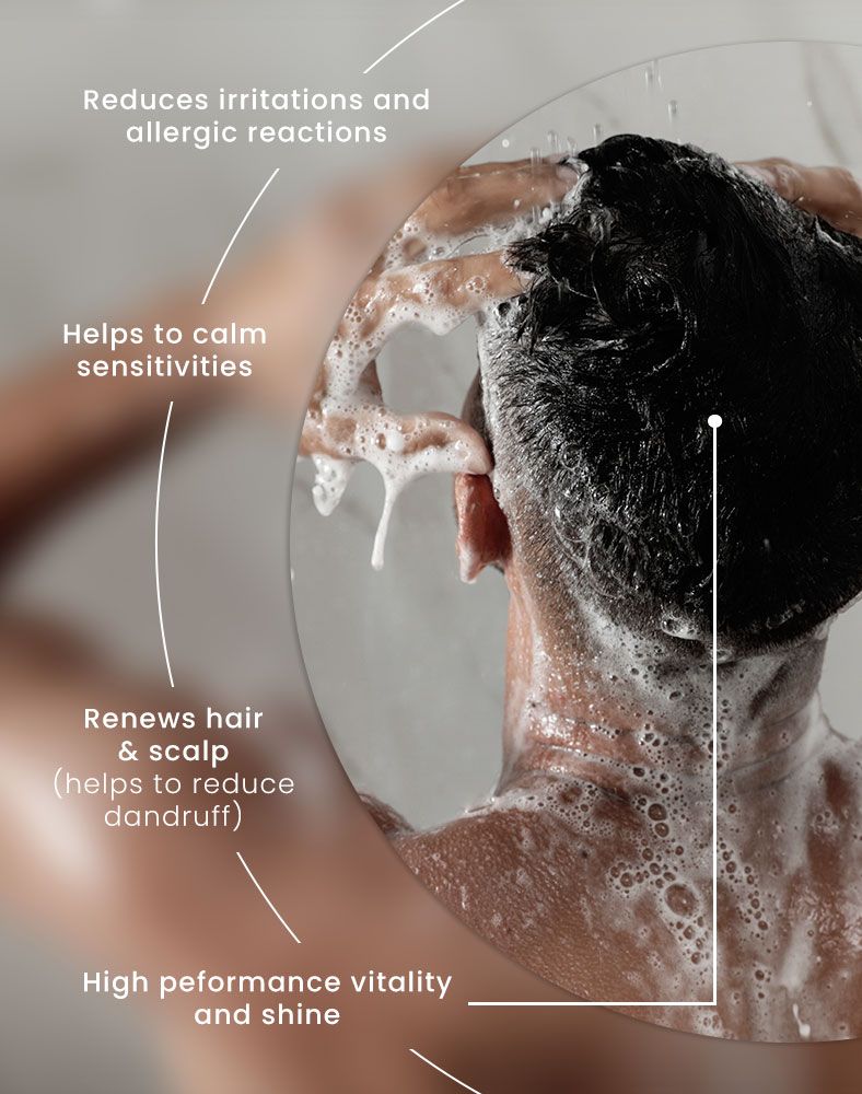 Reduces irritations and allergic reactions. Helps to calm sensitivities. Renews hair & scalp (helps to reduce dandruff). High performance vitality and shine