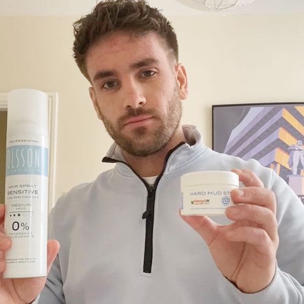 Harry Dooner (Olsson Product Reviewer). Holds a bottle of Olsson Scandinavia Sensitive Hair Spray and Sensitive Hard Mud Wax.