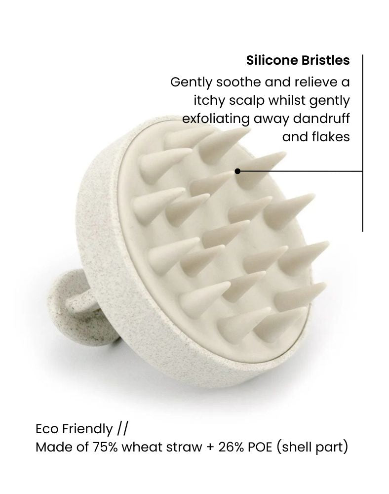 Exfoliating Scalp Brush. Silicone Bristles. Gently soothe and relieve an itchy scalp whilst gently exfoliating away dandruff. Made of 75% wheat straw + 26% POE (shell part).