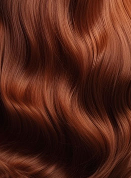 Glossy red hair with gentle waves.