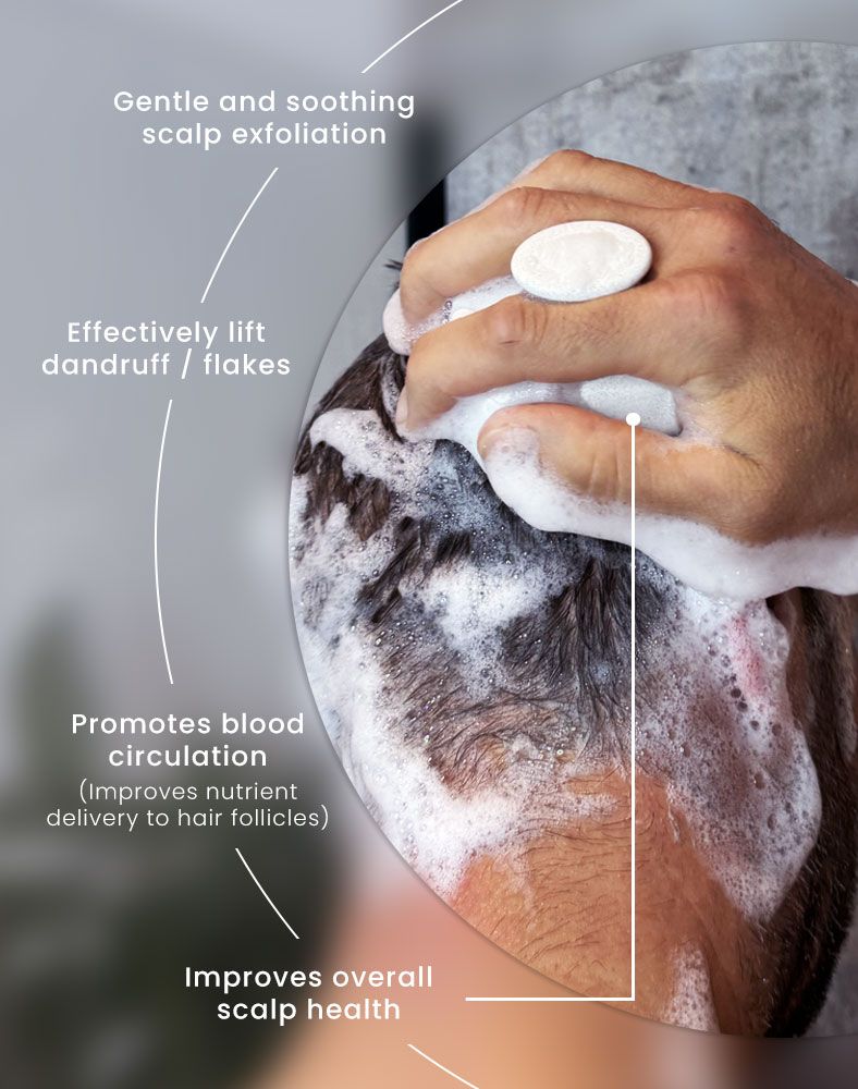 Gentle and soothing scalp exfoliation for itchy eczema prone scalps. Effectively lift dandruff and flakes. Promotes blood circulation, improves nutrient delivery to the hair follicles. Improves overall scalp health.