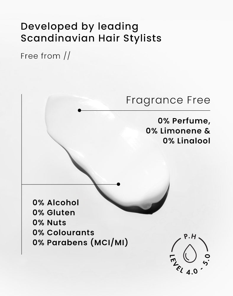 Sample of Sensitive Hair Mask. 
Developed by leading Scandinavian Hair Stylists. Free from // Fragrance Free. 0% Perfume. 0% Limonene & 0% Linalool. 
0% Alcohol. 
0% Gluten. 
0% Nuts. 
0% Colourants. 
0% Parabens (MCI/MI). 
P.H Level. 4.0 - 5.0