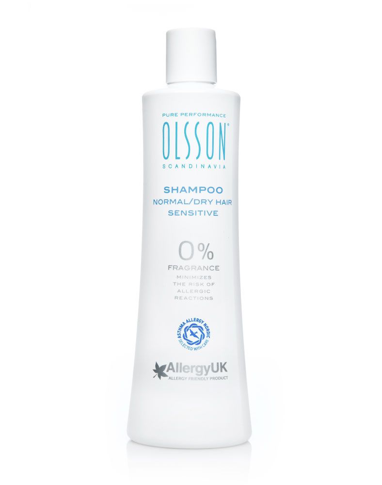 Olsson Scandinavia Shampoo for Itchy Scalps. Pure Performance. Normal/Dry Hair. Allergy UK - Allergy Friendly Product and Asthma Allergy Nordic Approved. Fragrance free. Minimises the risk of allergic reactions.