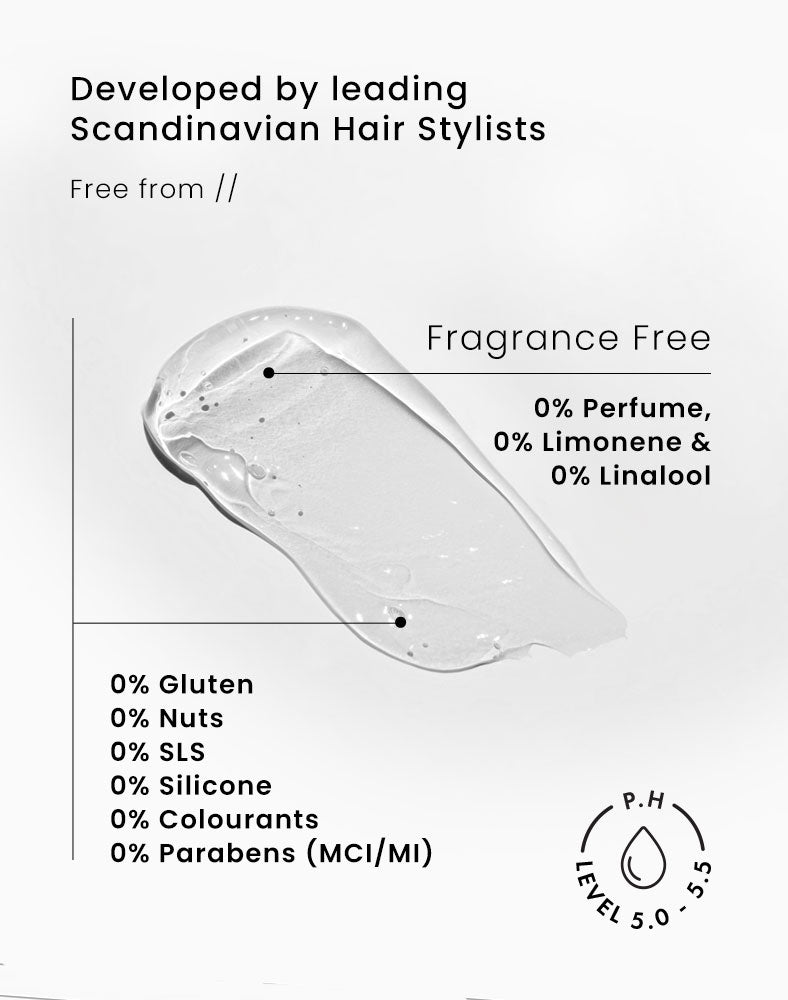 Developed by leading Scandinavian Hair Stylists. Fragrance Free: 0% Perfume,, 0% Limonene &, 0% Linalool, 0% Gluten, 0% Nuts, 0% SLS, 0% Silicone, 0% Colourants, 0% Parabens (MCI/MI)