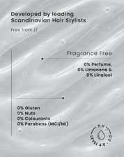 Product texture with text about fragrance-free hair product developed by leading Scandinavian hair stylists. Text reads: Fragrance Free: 0% Perfume, 0% Limonene & 0% Linalool. 0% Alcohol
0% Gluten, 0% Nuts, 0% Colourants, 
0% Parabens (MCI/MI).