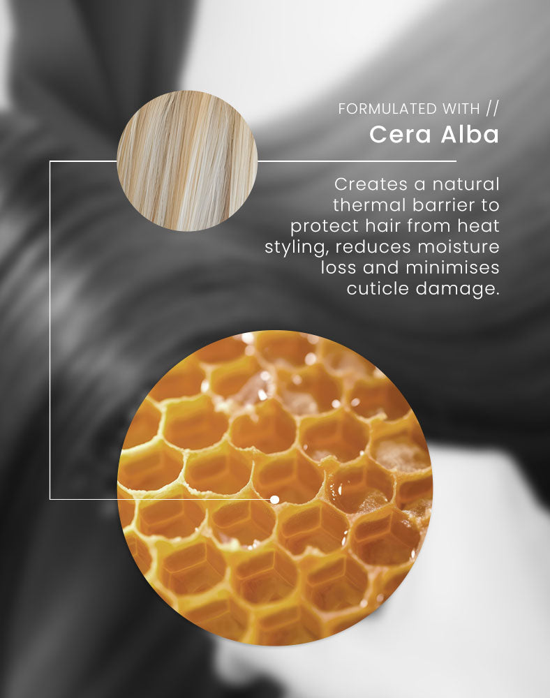 Honeycomb structure with text about Cera Alba and its benefits for hair care. Formulated with: Cera Albacreates a natural thermal barrier to protect hair from heat styling, reduces moisture loss and minimises cuticle damage.