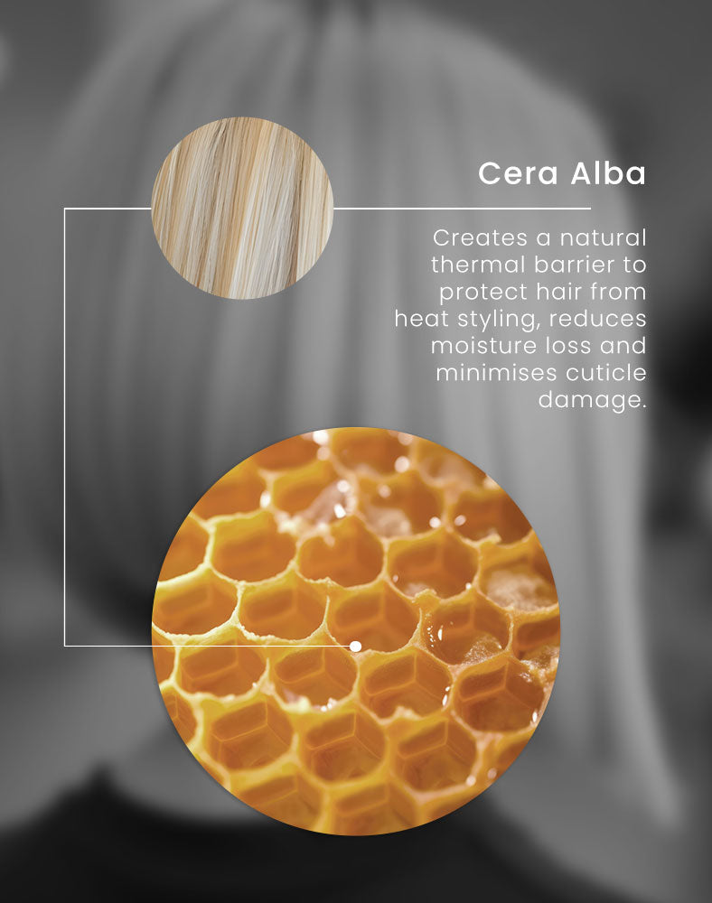 Cera Alba product description with honeycomb texture and hair strands on a dark background