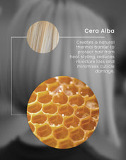 Cera Alba product description with honeycomb texture and hair strands on a dark background