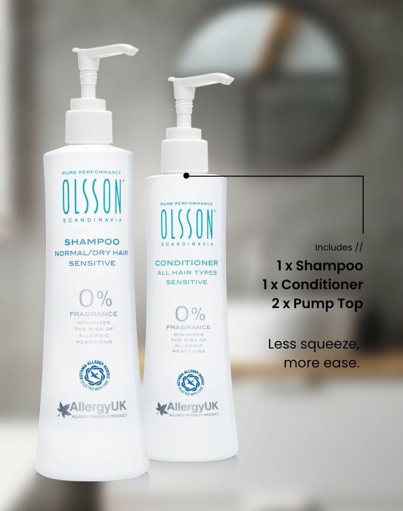 Olsson Scandinavia Sensitive Shampoo, and Olsson Scandinavia Sensitive Conditioner - both with pump tops. Less squeeze, more ease.  