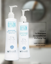 Olsson Scandinavia Sensitive Shampoo, and Olsson Scandinavia Sensitive Conditioner - both with pump tops. Less squeeze, more ease.  
