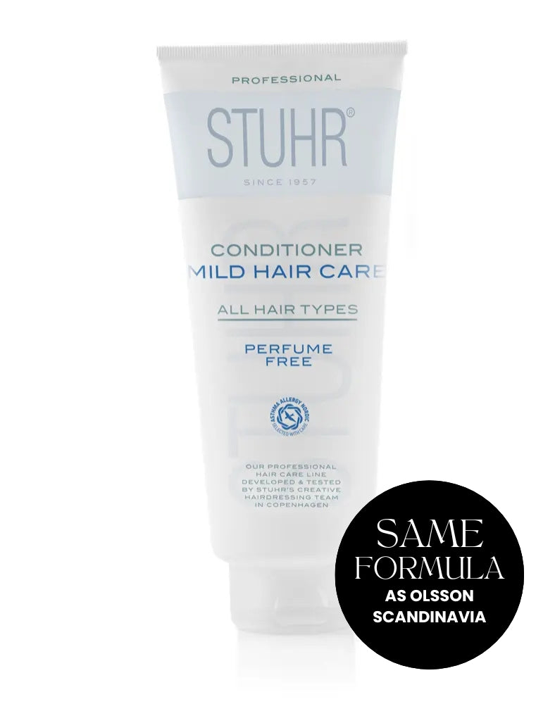 Stuhr conditioner tube for mild hair care on a white background. Roundel: Same powerful formula as Olsson Scandinavia®