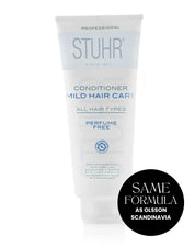 Stuhr conditioner tube for mild hair care on a white background. Roundel: Same powerful formula as Olsson Scandinavia®