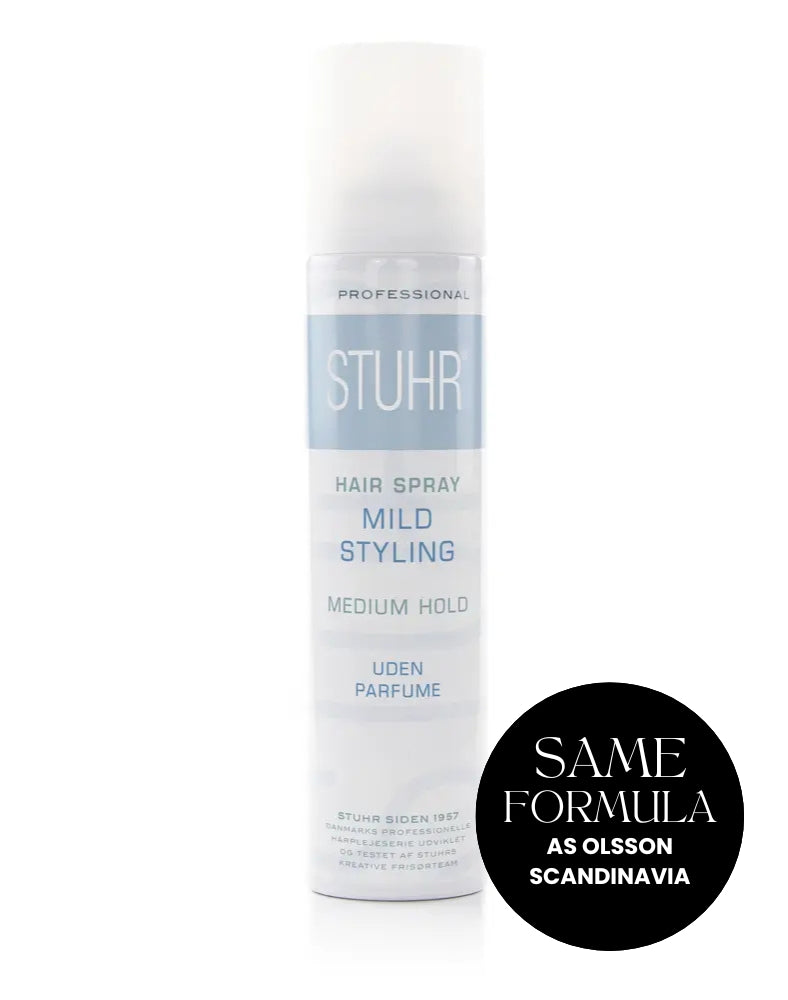Stuhr hair spray bottle on a white background. Roundel: Same powerful formula as Olsson Scandinavia®
