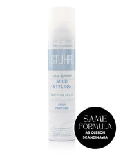 Stuhr hair spray bottle on a white background. Roundel: Same powerful formula as Olsson Scandinavia®
