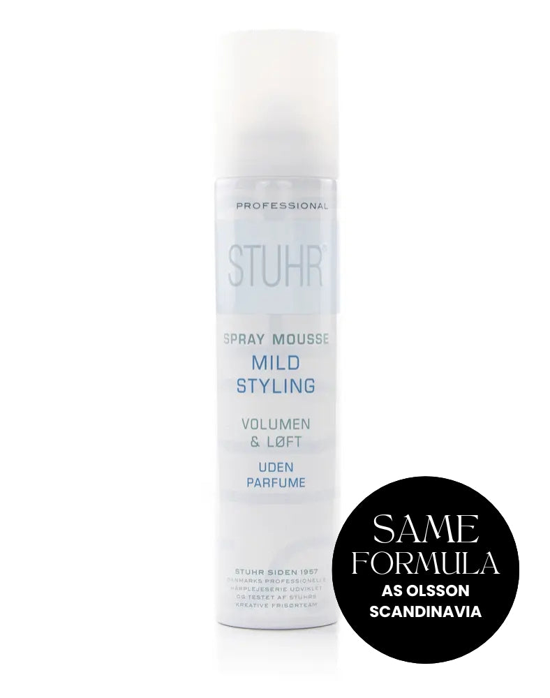 Stuhr spray mousse bottle on a white background. Roundel: Same powerful formula as Olsson Scandinavia®