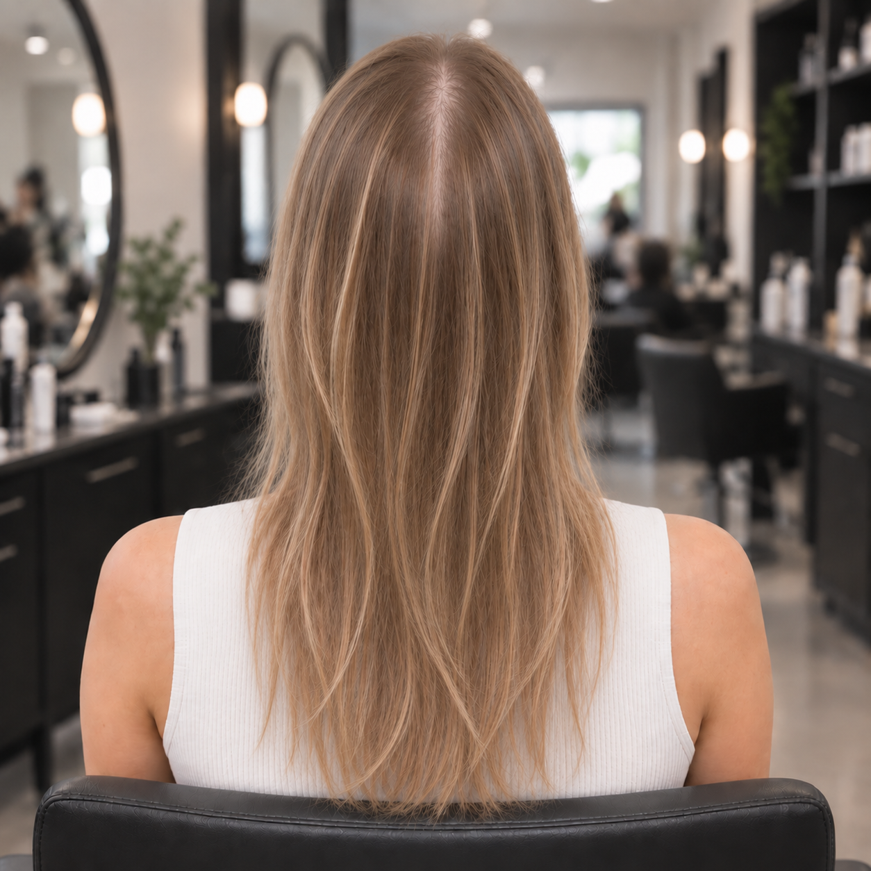 A woman viewed from behind sitting in a salon chair, showing the back of her head with long, straight, light brown hair with subtle blonde highlights. She is wearing a white ribbed tank top, and the blurred background shows a modern hair salon interior with mirrors, lights, and styling stations.
