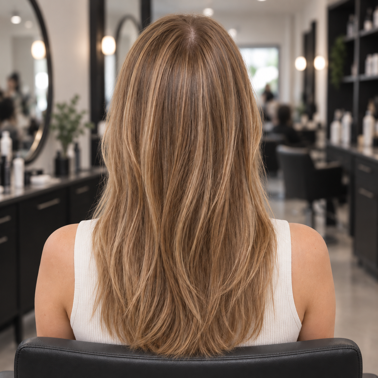 A woman viewed from behind sitting in a salon chair, showing long, wavy light brown hair with subtle blonde highlights. The background shows a blurred salon interior with mirrors, lights, and styling stations.