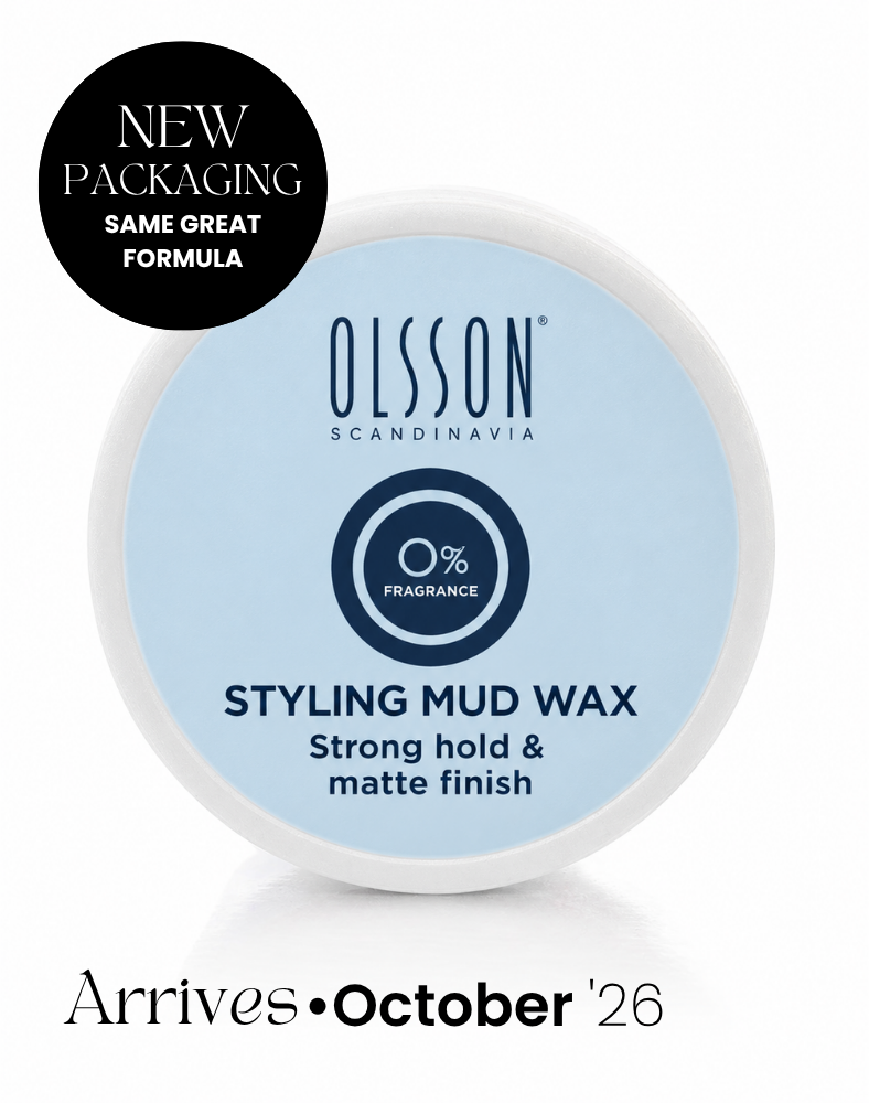 Olsson Scandinavia Styling Mud Wax round jar with a light blue label and white rim, shown on a white background with a black circular badge reading 'New Packaging Same Great Formula' and text below saying 'Arrives October '26'. Designed for Sensitive Scalps.