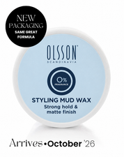 Olsson Scandinavia Styling Mud Wax round jar with a light blue label and white rim, shown on a white background with a black circular badge reading 'New Packaging Same Great Formula' and text below saying 'Arrives October '26'. Designed for Sensitive Scalps.