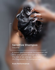 Washing hair with Olsson Sensitive Volume Shampoo for Thin Hair. Relief for scalp eczema and scalp irritation. Minimises the risk of an allergic reaction. Pure Performance.