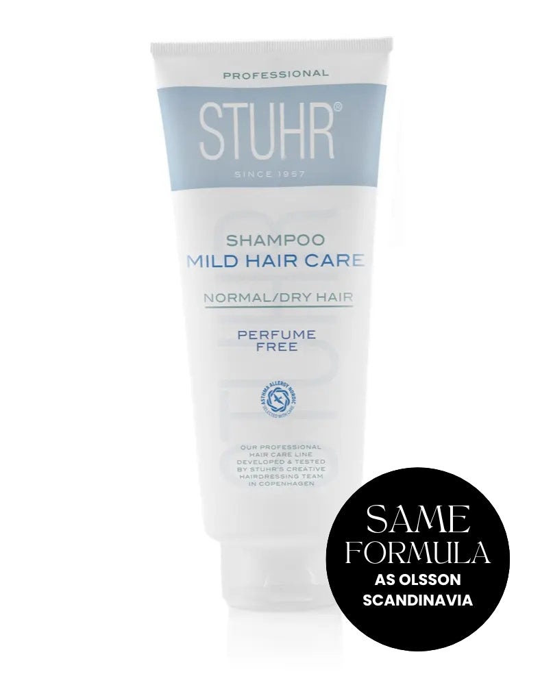 Stuhr shampoo tube for mild hair care on a white background. Roundel: Same powerful formula as Olsson Scandinavia®