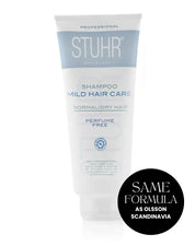 Stuhr shampoo tube for mild hair care on a white background. Roundel: Same powerful formula as Olsson Scandinavia®